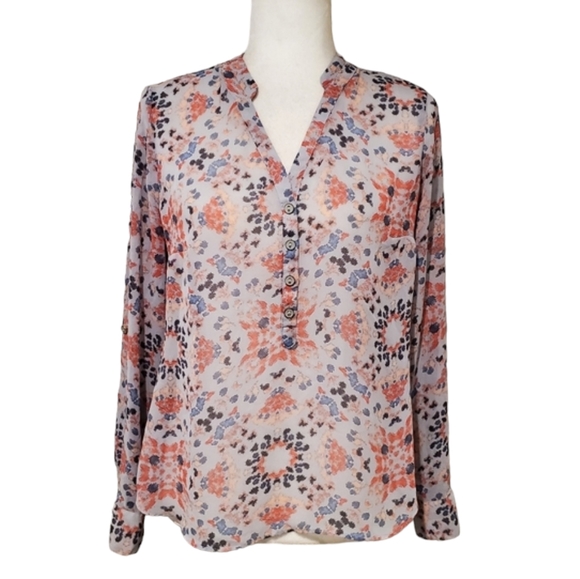 a.n.a Long Sleeve Blouse Womens PM Petite Floral Multicolor Roll Tab Sleeve Top - Picture 1 of 11